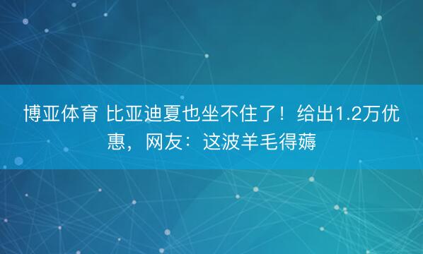博亚体育 比亚迪夏也坐不住了！给出1.2万优惠，网友：这波羊毛得薅